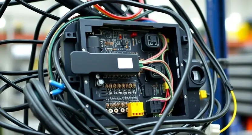 A close-up, detailed image of an electronic control unit (ECU) for an Electronic Parking Brake (EPB) system. The ECU should be surrounded by various automotive wiring harnesses and connectors. Focus on the internal components and circuitry, highlighting the complexity of the system. The background should be a clean, well-lit workshop environment.