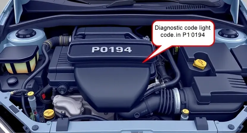 A detailed illustration of a car's engine bay with a diagnostic code light illuminated, highlighting the P0194 error code. Include visual cues representing fuel delivery and vacuum system components.
