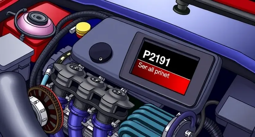 A detailed illustration of a car engine with a highlighted P2191 error code displayed on a dashboard screen. The engine should be realistically rendered, showing various components like pistons, valves, and belts. The dashboard should be clearly visible, with the error code prominently displayed. Focus on the engine's internal workings and the error message's clarity.