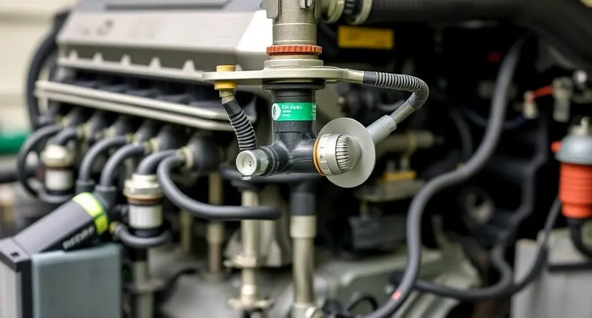A detailed, high-quality image of a Ford PowerStroke diesel engine's fuel injection system. Focus on the components related to error code P1211, such as the fuel pressure sensor, fuel rail, and associated wiring. The engine should be clean and well-lit, showcasing the intricate details of the system. The background should be a neutral, slightly blurred garage setting.