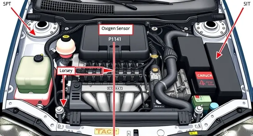 A detailed illustration of a VAZ/Lada car engine bay, highlighting the area related to the P1141 error code. Include visual cues representing the potential causes of the error, such as a loose or damaged oxygen sensor, a faulty catalytic converter, or a problem with the engine control unit. Focus on clarity and technical accuracy.