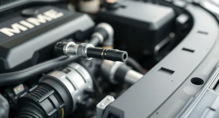A close-up shot of a car's engine bay, focusing on the oxygen sensor. The sensor should be clearly visible, with surrounding engine components slightly blurred. The overall lighting should be bright and clean, highlighting the sensor's details. The background should be a slightly out-of-focus view of the engine compartment.