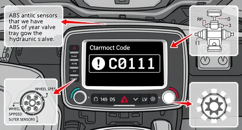 A detailed technical illustration of a car's ABS (Anti-lock Braking System) control module with a highlighted error code C0111 displayed on a diagnostic screen, surrounded by schematic diagrams of wheel speed sensors and hydraulic valves, rendered in a clean, high-quality technical drawing style with precise line work and labeled components