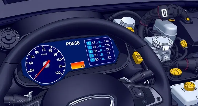 A detailed illustration of a car's engine bay, highlighting the P0536 diagnostic trouble code indicator light. Focus on the dashboard area where the light is located, with clear visual cues indicating the code's presence. Include relevant engine components in the background, such as the engine block, hoses, and wiring, but keep the focus on the dashboard and the indicator light.