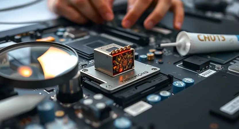 A close-up of a laptop motherboard showing a highlighted U3013 connector with visible signs of overheating such as discoloration or scorch marks, surrounded by repair tools like a magnifying glass, soldering iron, and thermal paste, with a faint background of a technician's hands working on the board
