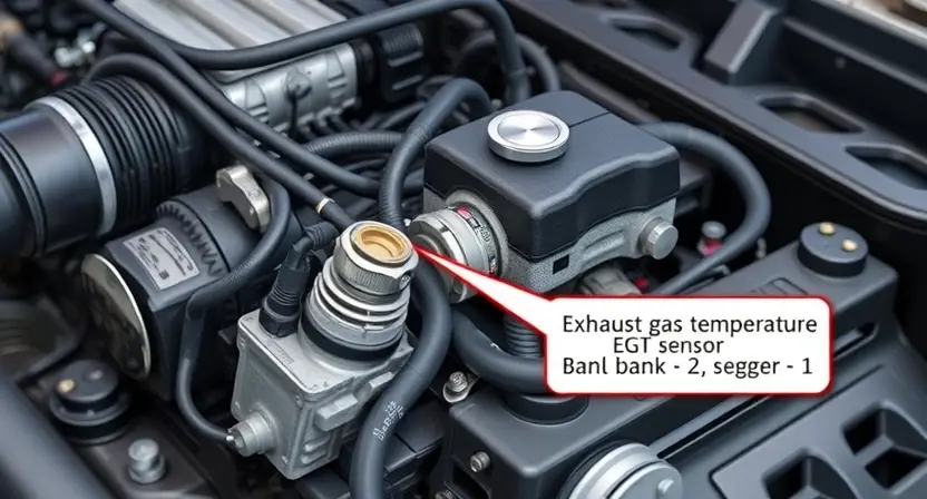 A detailed illustration of an engine bay focusing on the area around the exhaust gas temperature (EGT) sensor bank 2, sensor 1. Show a close-up of the sensor, wiring, and associated engine components. The background should be slightly blurred to emphasize the sensor area.