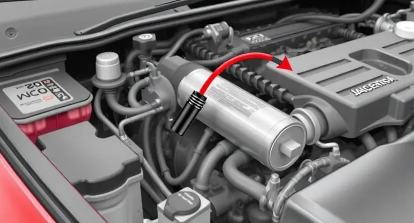 A detailed illustration of a car's engine bay, specifically highlighting the transmission fluid level sensor and the associated wiring. The sensor should be clearly visible, and the wiring should be depicted in a way that suggests a potential connection to a diagnostic system. The background should be slightly blurred to emphasize the engine components.
