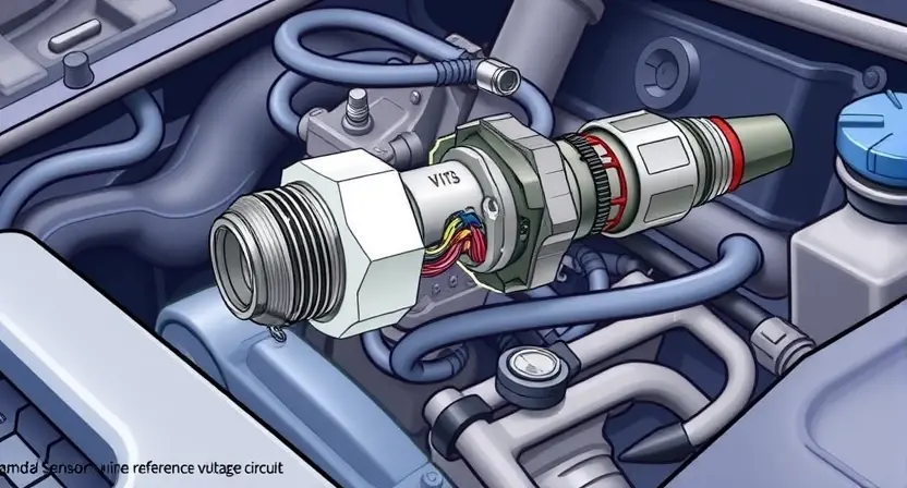 A detailed illustration of a car's oxygen sensor (lambda sensor) with a visible broken wire in the reference voltage circuit. The sensor should be depicted in a cross-section to show the internal components, including the ceramic element and the wiring harness. The broken wire should be clearly highlighted to indicate the open circuit. The surrounding engine components should be faintly visible to provide context.