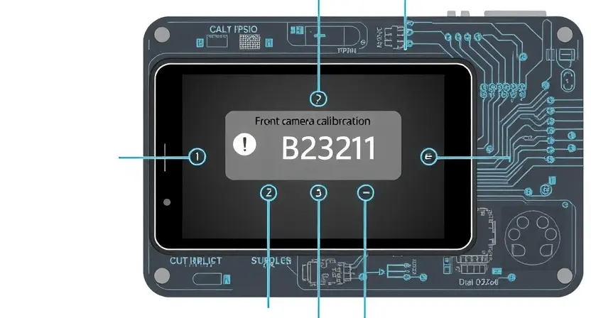 A high-quality technical illustration showing a malfunctioning front camera calibration error on a device screen, with error code B2321 displayed prominently, surrounded by subtle technical diagrams and circuit patterns, clean and professional visual style