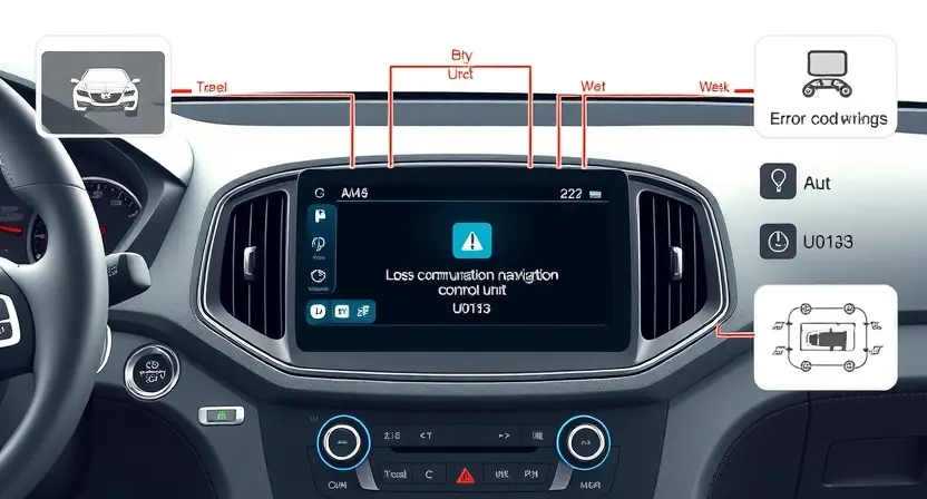 A high-quality technical illustration showing a modern vehicle's navigation system with a warning icon indicating loss of communication with the navigation control unit, surrounded by schematic wiring diagrams and error code U0163 highlighted, clean digital interface style, no text or letters on the image