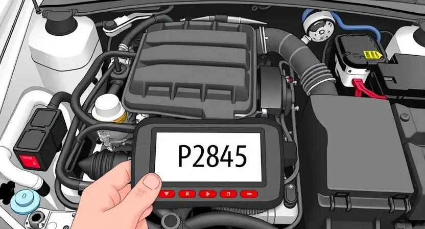 A detailed illustration of a car's engine bay with a diagnostic code reader displaying 'P2845'. The engine should be partially disassembled, showing various components like hoses, wires, and sensors. Focus on the code reader screen clearly displaying the error code.