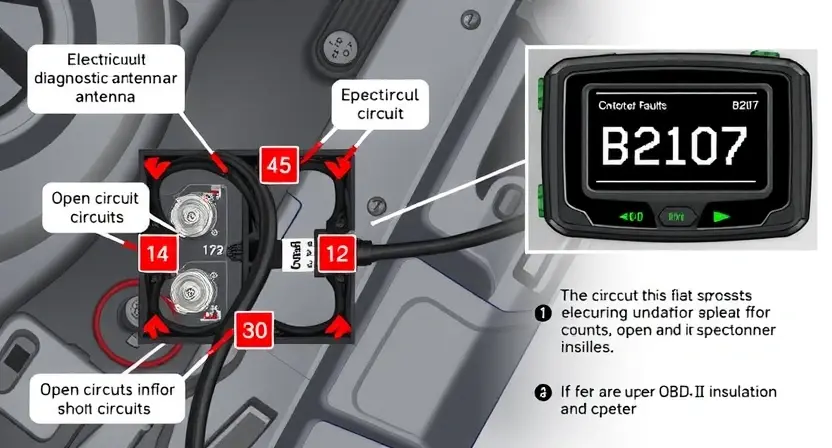 A detailed technical illustration of a car's keyless entry antenna circuit showing electrical faults and short circuits, with visible wiring, connectors, and diagnostic error code B2107 displayed on a multimeter or OBD-II scanner screen, highlighting areas of open circuits, corrosion, and insulation damage in a realistic automotive electrical system context, no text or labels on the image