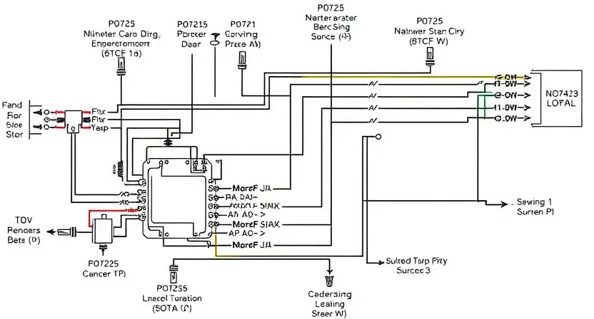 A detailed diagram illustrating the input circuit of a vehicle's engine, highlighting the P0725 error code and its associated components. Include labels for sensors, actuators, and wiring. Focus on clarity and technical accuracy.