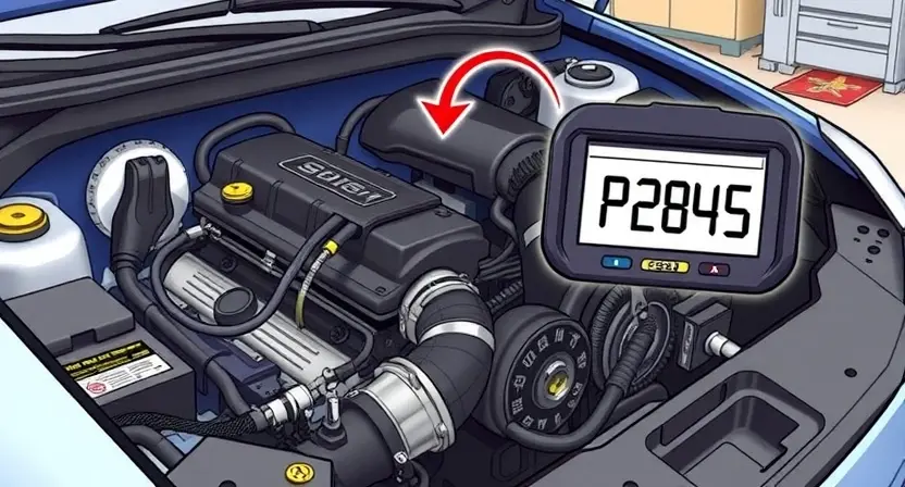 A detailed illustration of a car's engine bay with a diagnostic code reader displaying 'P2845'. The engine should be partially visible, showcasing various components like hoses, wires, and sensors. The code reader should be clearly legible, highlighting the 'P2845' error code. The background should be a clean, uncluttered garage setting.