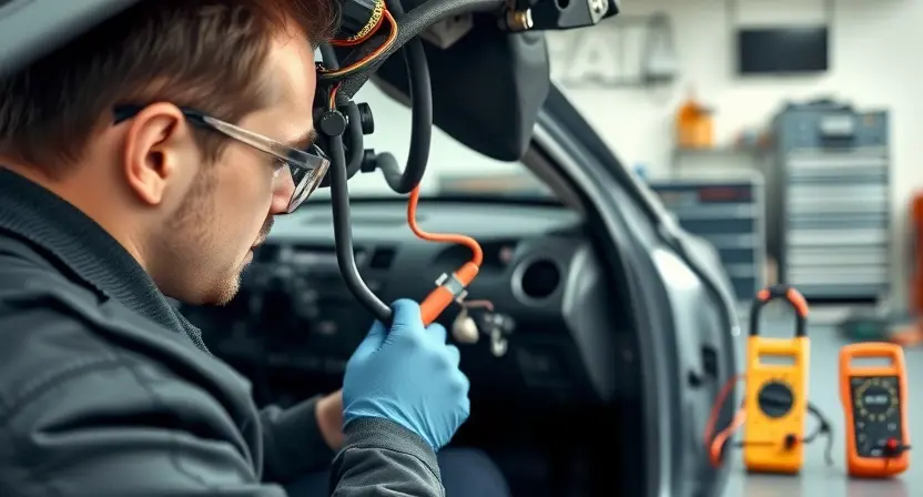 A detailed automotive repair scene showing a mechanic inspecting the brake switch circuit in a car. Focus on the wiring harness and the brake pedal area. The car should be a modern sedan. The mechanic is wearing safety glasses and gloves. Tools like a multimeter and wire strippers are visible. The background is a clean, organized garage.