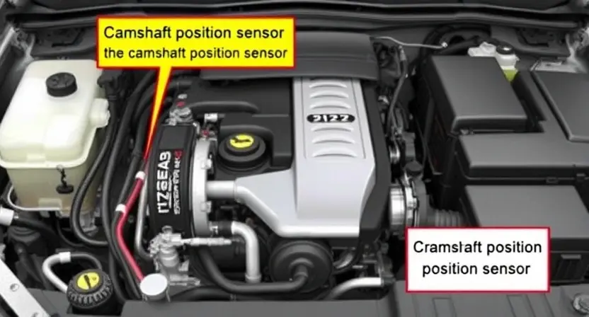 A detailed illustration of an automotive engine bay, focusing on the area where the P0622 error code might be related to. Include visual representations of the relevant components like the camshaft position sensor, crankshaft position sensor, and related wiring. The engine should be a modern, gasoline-powered vehicle.