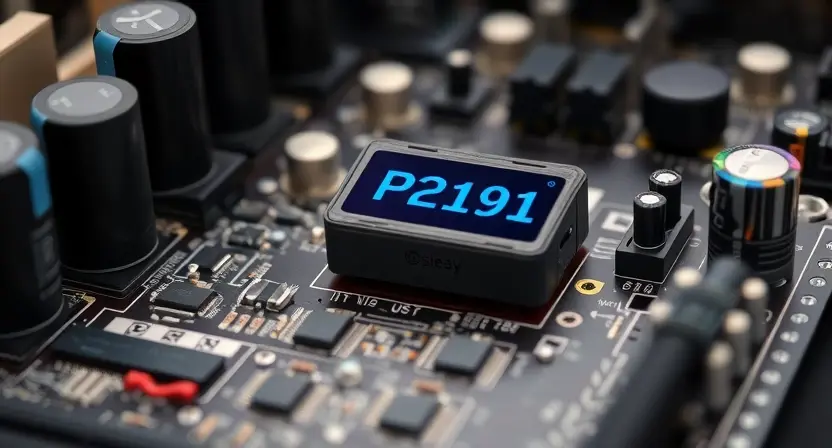 A close-up, detailed illustration of a computer motherboard with a highlighted P2191 error code displayed on a small diagnostic screen. Focus on the electronic components and circuit pathways. The background should be blurred to emphasize the motherboard.