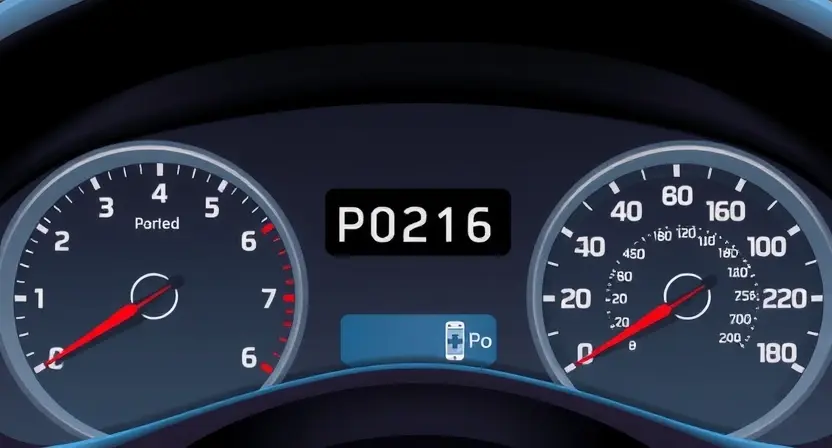 A detailed illustration of a car's dashboard with the P0216 error code displayed on the instrument cluster. The dashboard should be brightly lit, showing various gauges and warning lights. Focus on the error code and its associated warning light.