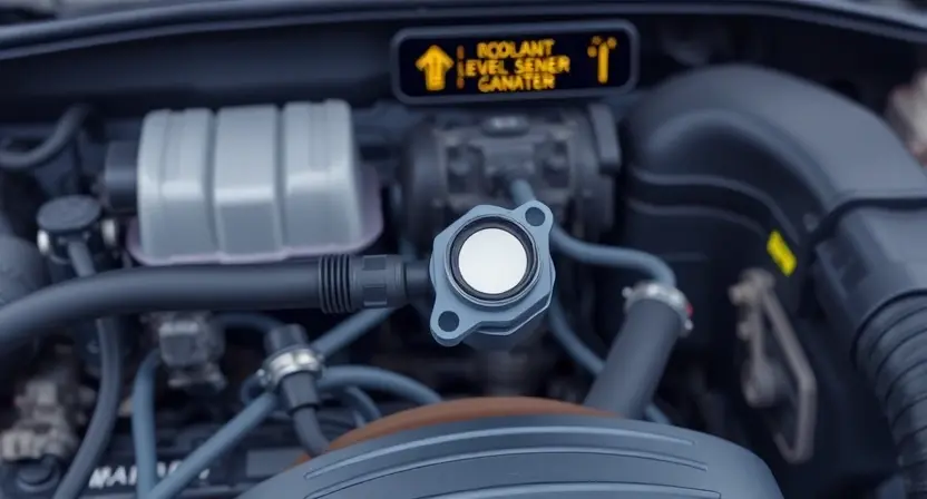 A detailed illustration of a car's engine bay, focusing on the coolant level sensor. The sensor should be clearly visible, with hoses connected to it and the radiator. Include warning lights on the dashboard indicating a coolant level issue. The background should be slightly blurred to emphasize the engine components.
