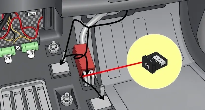 A detailed illustration of a car's pedal switch circuit with a highlighted faulty end switch. The circuit should include wiring, components (resistors, capacitors, etc.), and a visual representation of the problem (e.g., a broken wire or a damaged switch). The background should be a clean, technical environment.