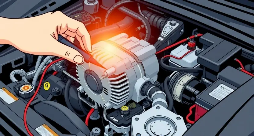 A detailed illustration of a car engine compartment with a focus on the alternator. The alternator should be highlighted with a glowing effect to indicate its importance. The surrounding components like the battery, belts, and wiring should be clearly visible but not overly detailed. The image should convey a sense of maintenance and inspection, with a mechanic's hand holding a multimeter near the alternator to check the voltage.