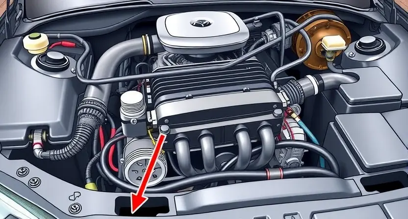 A detailed illustration of a car's engine bay, specifically highlighting the air intake heater circuit. Show the heater core, hoses, and wiring connected to it. The background should be a slightly blurred engine compartment. Focus on technical accuracy and clarity.