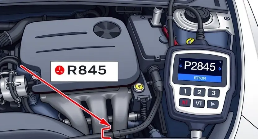 A detailed illustration of a car's engine bay with a diagnostic tool connected to the engine's computer. The tool displays an error code P2845. Focus on the visual representation of the error code and the diagnostic process.