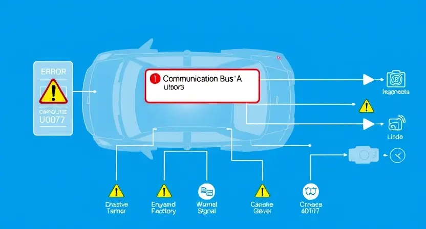 A technical illustration showing a vehicle's CAN bus communication network with a highlighted fault on communication bus 'A', displaying error code U0073, with visual indicators of lost connectivity, such as broken signal lines, warning icons, and diagnostic symbols, rendered in a clean, high-quality technical diagram style