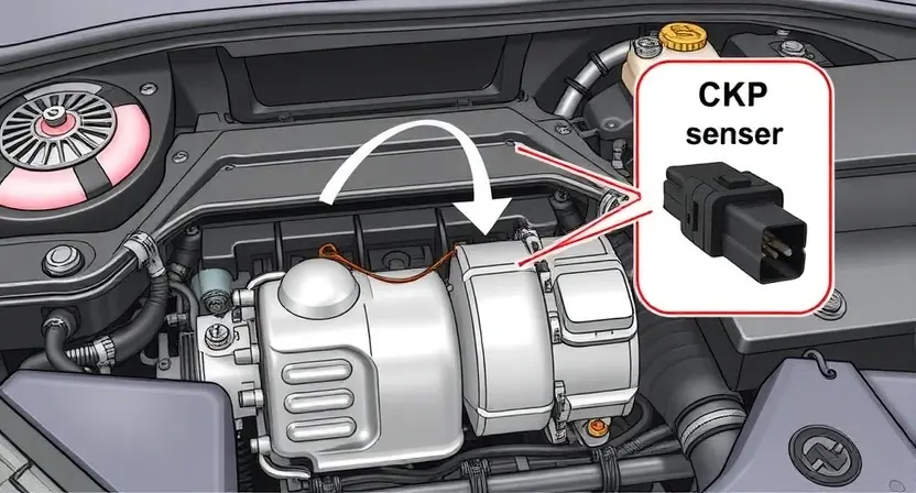 A detailed illustration of a car's engine bay, highlighting the crankshaft position sensor (CKP) and its wiring. The sensor should be clearly visible, with its connector and associated wires. Focus on technical accuracy and clarity.