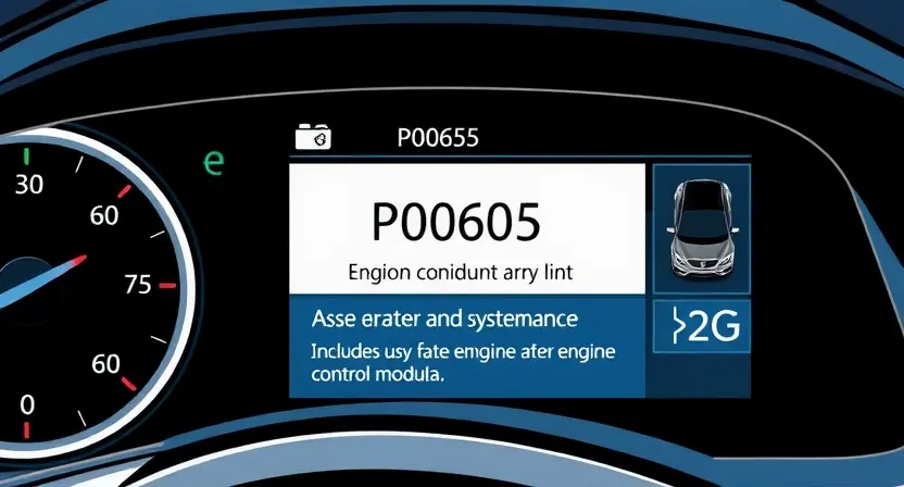 A detailed illustration of a car's diagnostic interface displaying a P0605 error code. The interface should show the code prominently, along with a brief explanation of the error. Include visual cues representing the affected system (e.g., engine control module).