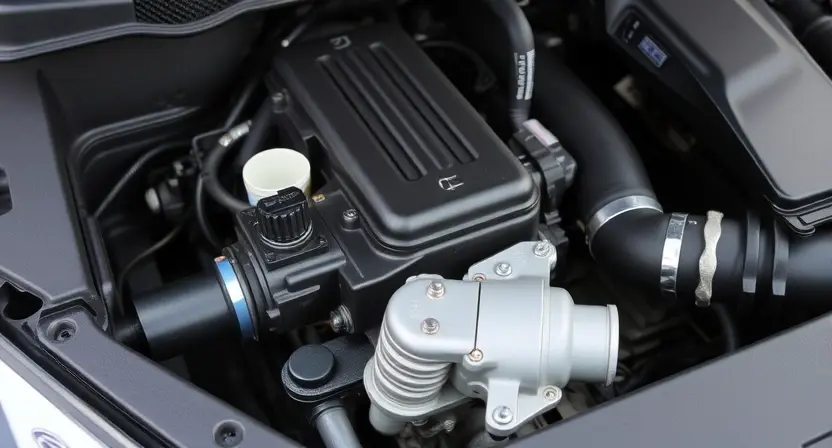 A close-up shot of a car's engine bay, focusing on the throttle body and related components. The engine should appear clean and well-maintained. Highlight the area where the throttle body is located.