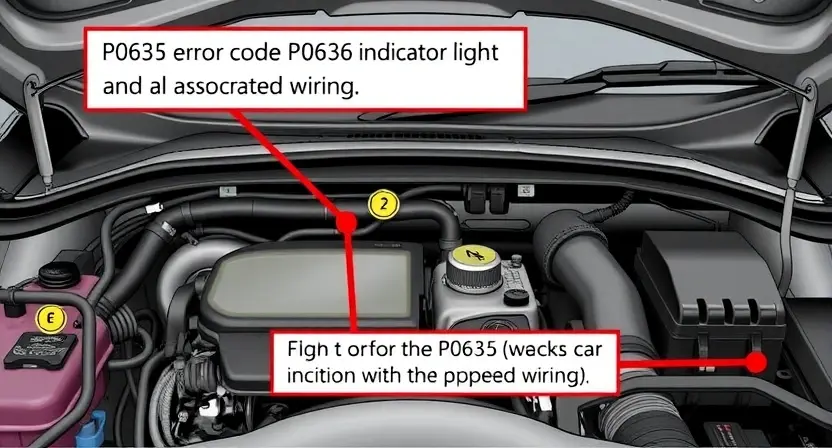 A detailed illustration of a car's engine bay, focusing on the location of the P0636 error code indicator light and the associated wiring. The image should clearly show the dashboard with the illuminated light, and highlight the relevant diagnostic tools.