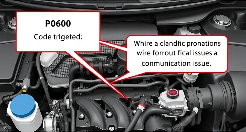 A detailed illustration of a car's engine bay, highlighting the wiring harness and diagnostic interface. Focus on the area where a P0600 code might be triggered. Include visual cues representing a communication issue, such as a slightly disrupted or tangled wire.
