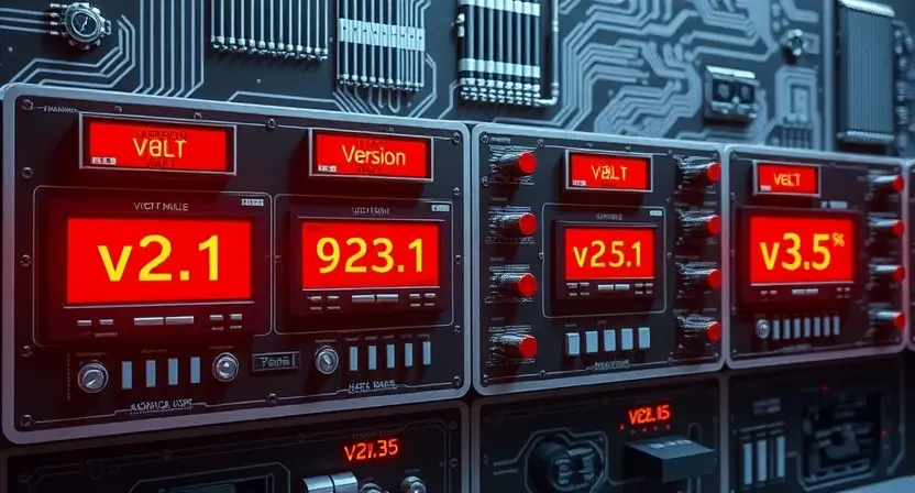 A futuristic control panel with mismatched software version labels on different modules, showing error code display glowing red, digital interface with version numbers like v2.1 and v3.5 visibly incompatible, abstract circuit patterns in background, high-tech industrial setting, no text or letters visible on screens or labels