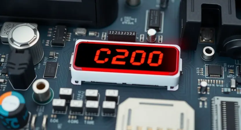 A close-up illustration of a computer motherboard with a highlighted error code C2200. The motherboard should be detailed and show various components. The error code should be clearly visible on a small display or label on the board.