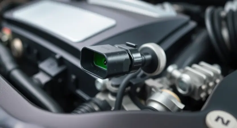 A close-up of a car's engine bay, focusing on the mass airflow sensor (MAF sensor). The sensor should be clearly visible, with surrounding engine components blurred in the background. The overall lighting should be bright and clean, highlighting the sensor's details.