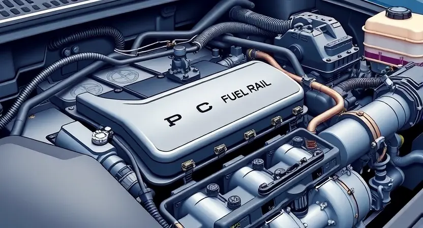 A detailed illustration of an automotive engine bay, focusing on the fuel rail and related components. The fuel rail should be clearly visible, with a small sensor nearby. The background should be slightly blurred to emphasize the engine components.