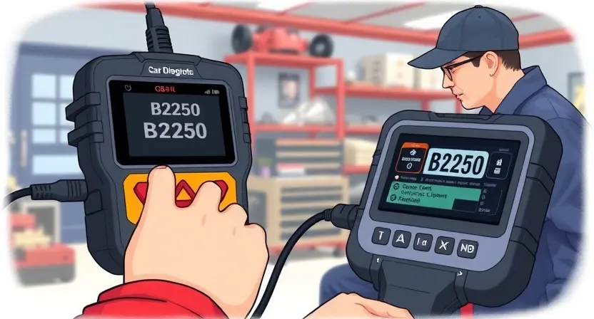 A detailed illustration of a car diagnostic tool connected to a vehicle's OBD-II port, showing a technician analyzing the error code B2250 on a screen. The scene should include a well-lit garage with various automotive tools in the background, emphasizing the process of diagnosing and fixing the error.