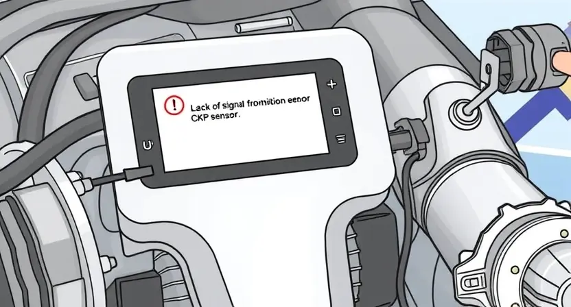 A detailed illustration of an engine control unit (ECU) with a CKP (Crankshaft Position) sensor connected. The ECU should display a diagnostic error message indicating a lack of signal from the CKP sensor, with visual cues representing the error state (e.g., a red light, an exclamation mark). The background should be a clean, technical environment, possibly a workshop or laboratory setting.