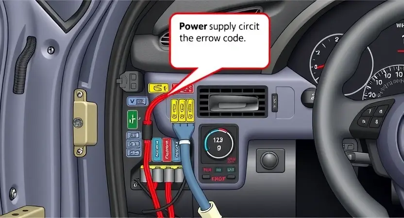 A detailed illustration of a car's electrical system, focusing on the power supply circuit. Show wires, connectors, and a fuse box. Highlight the C2100 error code indicator on a dashboard. Include visual cues representing a faulty connection or damaged wiring.