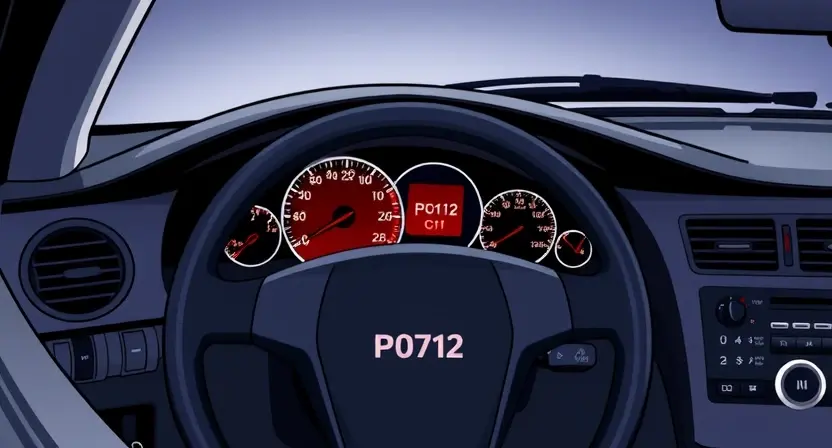 A detailed illustration of a car's dashboard with a diagnostic light illuminated, specifically the P0712 code indicator. The dashboard should show various gauges and warning lights, with the P0712 light highlighted in a distinct color (e.g., red). The car's interior should be realistically depicted, showing the steering wheel, seats, and other components.