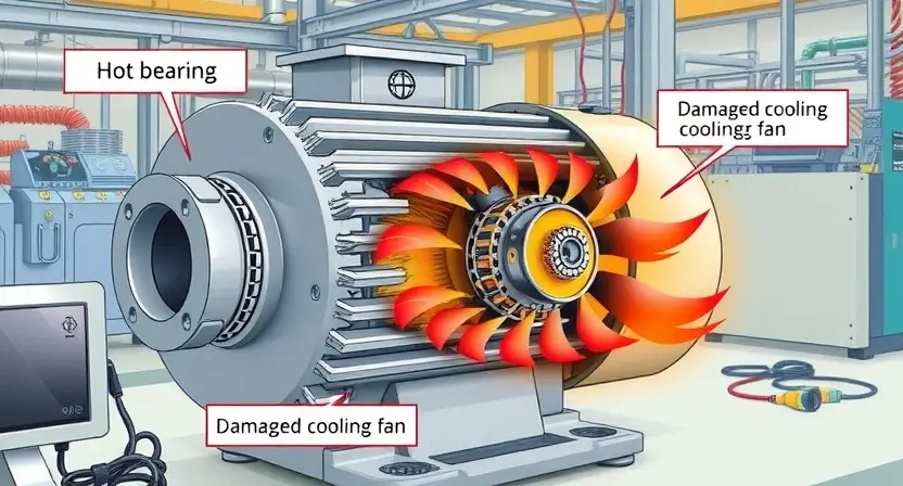 A detailed illustration of an electric motor with visible overheating components, such as a hot bearing and a damaged cooling fan. The motor is shown in a factory setting with cooling systems and diagnostic equipment nearby. Focus on the visual representation of the overheating issue.