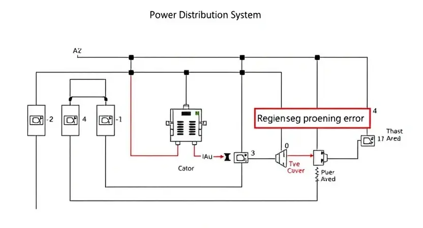 A schematic diagram of a power distribution system with a highlighted area indicating a phase sequencing error (P3300). Include visual cues representing transformers, circuit breakers, and wiring. The diagram should be detailed and clearly illustrate the problem area.