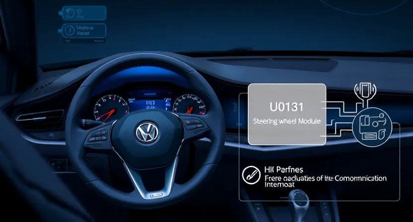 A high-quality technical illustration showing a modern car interior with a dashboard displaying an error code U0131, highlighting the steering wheel module and wiring harness, with a subtle warning sign and schematic lines indicating loss of communication, rendered in the style "HQ-832-448-h"