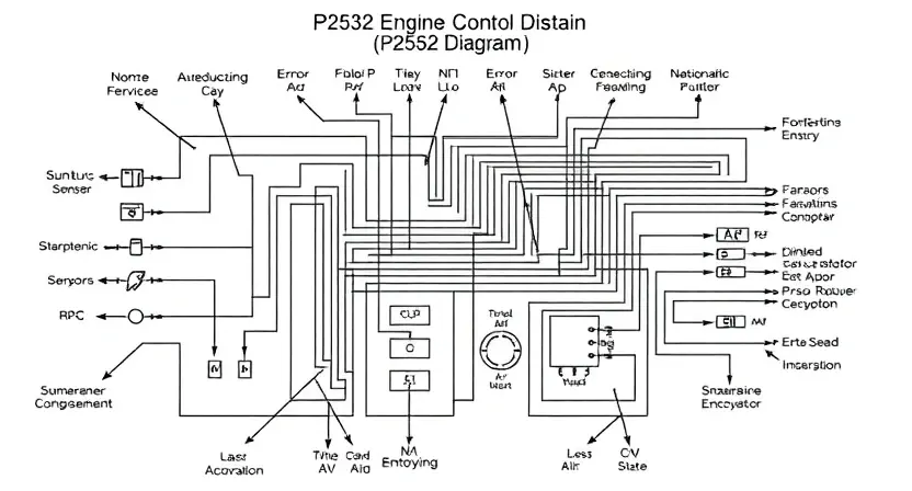 A detailed schematic diagram illustrating the P2532 error code in a vehicle's engine control unit (ECU). The diagram should show the relevant sensors, actuators, and wiring associated with the error. Include visual cues to represent the error state.