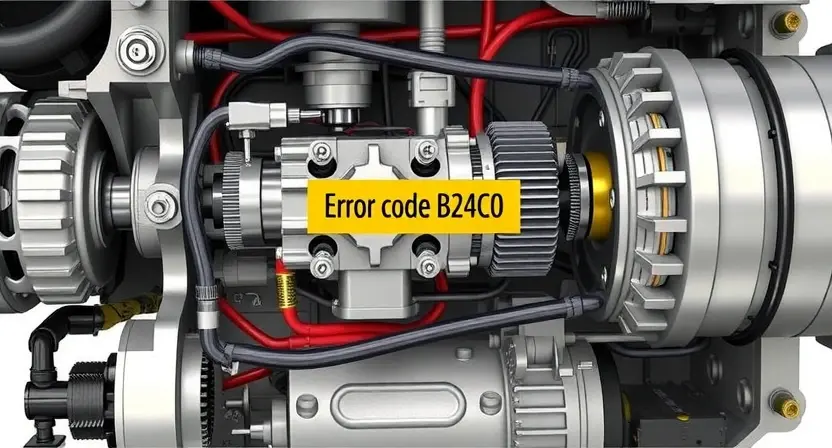 A detailed illustration of a complex electromechanical system, focusing on the actuator mechanism. The image should depict internal components like gears, levers, and electrical connections. Highlight the area related to error code B24C0. Use a realistic rendering with visible textures and lighting.