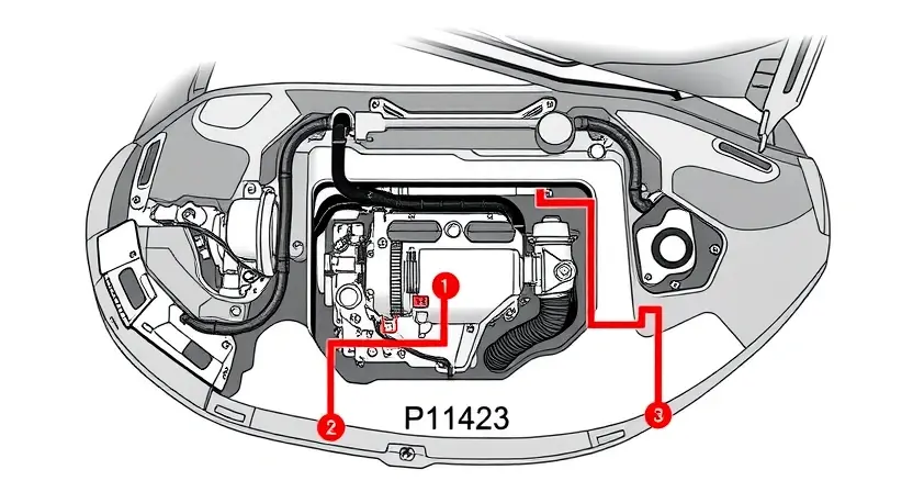 A detailed technical illustration of a car's engine control system showing the P1423 error code, with highlighted sensors and wiring, clean white background, high quality, 832x448 resolution