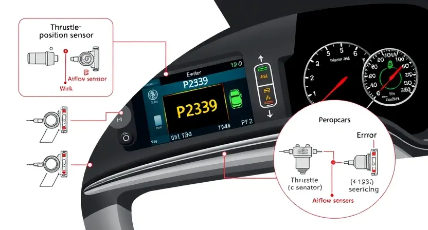 A high-quality technical illustration showing a car engine control unit with warning lights and error code P2339 displayed on a digital dashboard, surrounded by schematic diagrams of throttle position sensors and airflow sensors, clean white background, professional engineering style