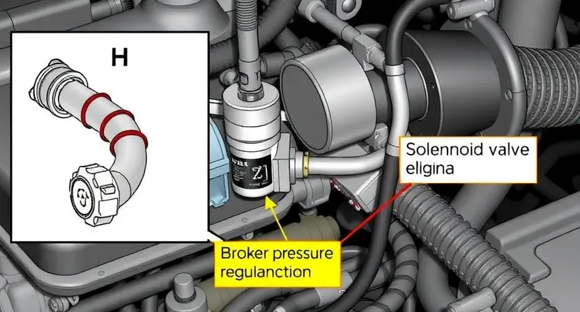 A detailed diagram of a vehicle's engine control system, highlighting the solenoid valve (H) and its connection to the pressure regulation system. Include visual cues indicating a potential malfunction, such as a broken or damaged solenoid. Focus on technical accuracy and clarity.