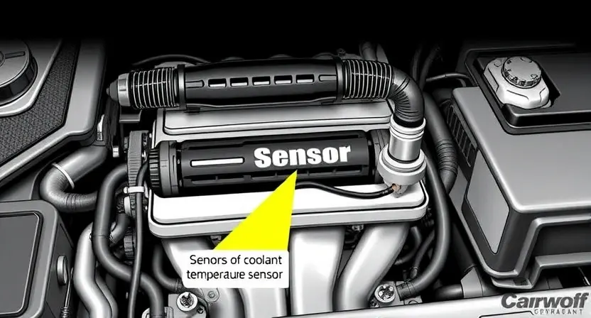 A detailed illustration of a car engine cooling system, highlighting the coolant temperature sensor. Show the sensor's location within the engine block and its connection to the cooling system. Include visual cues representing temperature readings and potential malfunction indicators. Focus on the physical components and their relationships within the system.